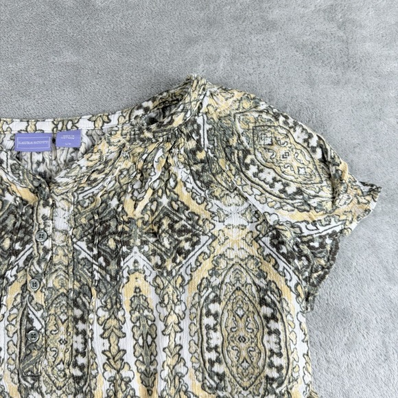 Laura Scott Top Womens Large White Olive Green Patterned Geometric Smart Casual - Picture 7 of 13